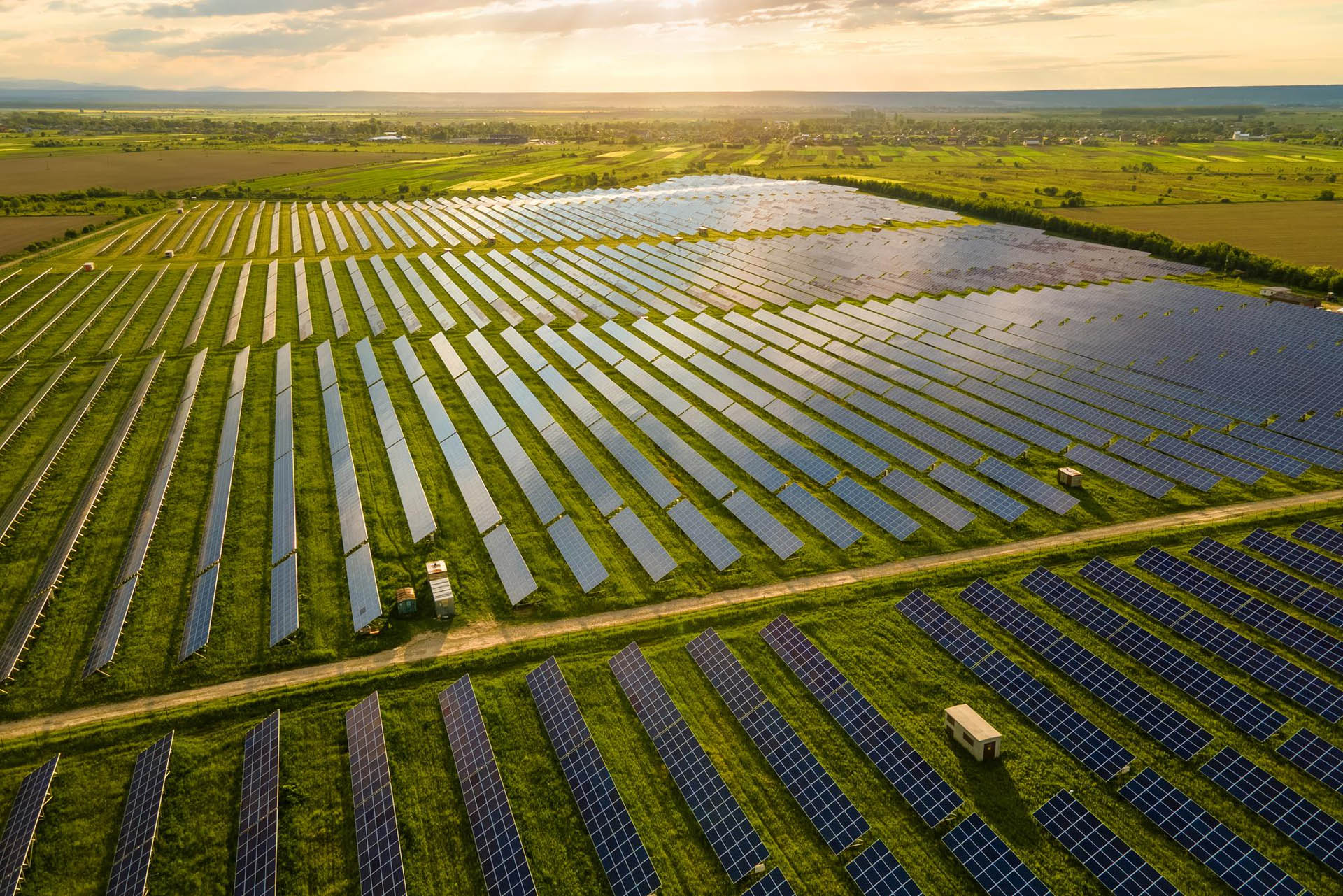 Aerial view of operating solar generation assets